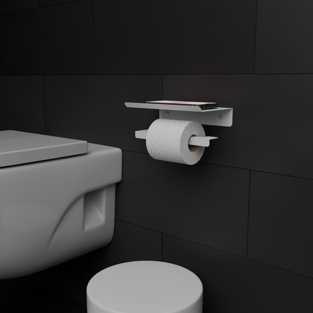 Compact modern toilet paper holder with space saving design for small bathrooms حامل ورق تواليت مدمج بتصميم يوفر المساحة للحمامات الصغيرة