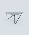 Triangular modern metal coffee table with sculptural legs in living room طاولة قهوة معدنية عصرية بشكل مثلث وأرجل نحتية في غرفة المعيشة