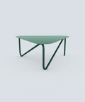 Triangular modern metal coffee table with sculptural legs in living room طاولة قهوة معدنية عصرية بشكل مثلث وأرجل نحتية في غرفة المعيشة