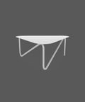 Triangular modern metal coffee table with sculptural legs in living room طاولة قهوة معدنية عصرية بشكل مثلث وأرجل نحتية في غرفة المعيشة
