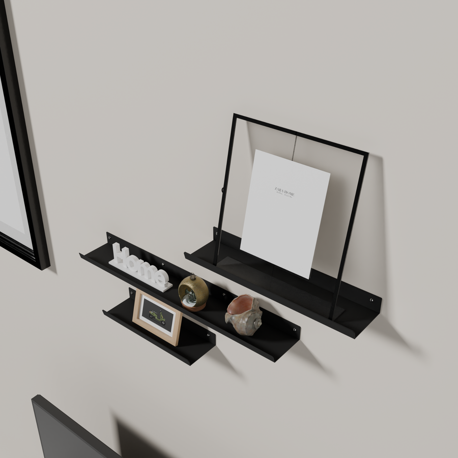 Set of three modern metal shelves for décor books and essentials طقم من ثلاثة رفوف معدنية حديثة للديكور والكتب والأغراض