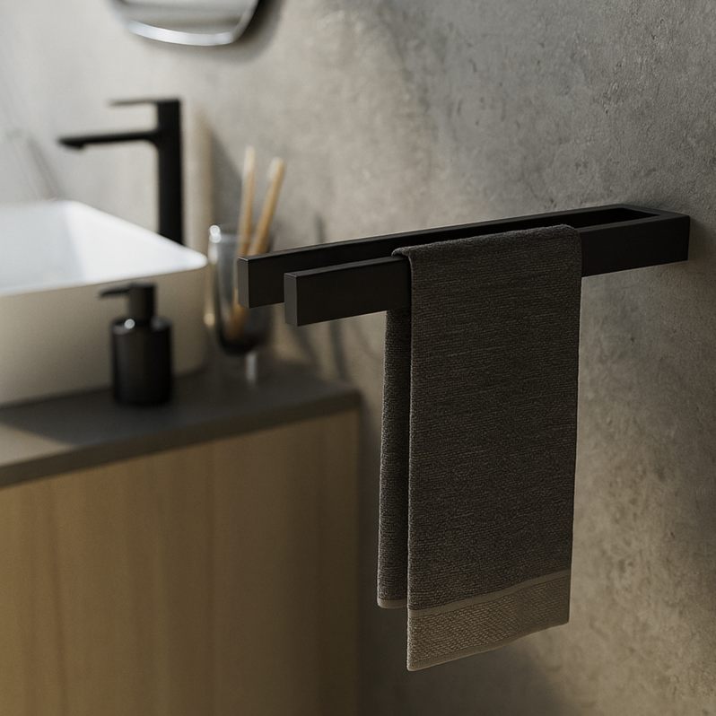 Sleek stainless steel towel holder for bathroom or kitchen with modern minimalist design حامل مناشف ستانلس ستيل أنيق للمطبخ أو الحمام بتصميم بسيط