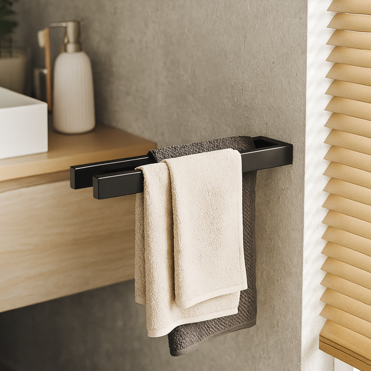 Sleek stainless steel towel holder for bathroom or kitchen with modern minimalist design حامل مناشف ستانلس ستيل أنيق للمطبخ أو الحمام بتصميم بسيط