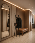 modern multipurpose cloths rack in a stylish entryway with a mirror and wooden accents