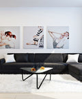 Triangular modern metal coffee table with sculptural legs in living room طاولة قهوة معدنية عصرية بشكل مثلث وأرجل نحتية في غرفة المعيشة