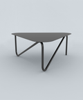 Triangular modern metal coffee table with sculptural legs in living room طاولة قهوة معدنية عصرية بشكل مثلث وأرجل نحتية في غرفة المعيشة