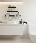 Set of three modern floating wall shelves for bathroom storage and décor ثلاث رفوف حائط عائمة حديثة لتخزين الحمام والديكور