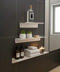 Set of three modern floating wall shelves for bathroom storage and décor ثلاث رفوف حائط عائمة حديثة لتخزين الحمام والديكور